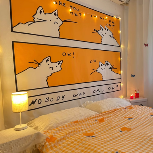Bedroom with a cartoon tapestry on the wall and decorative elements.