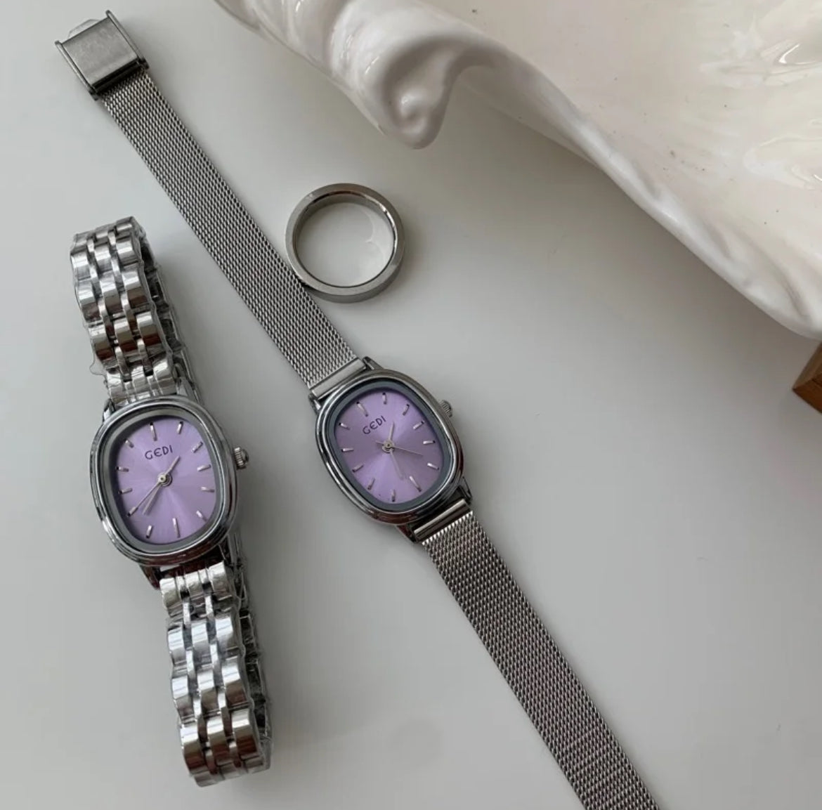Vintage Purple Oval Dial Small Steel Watch