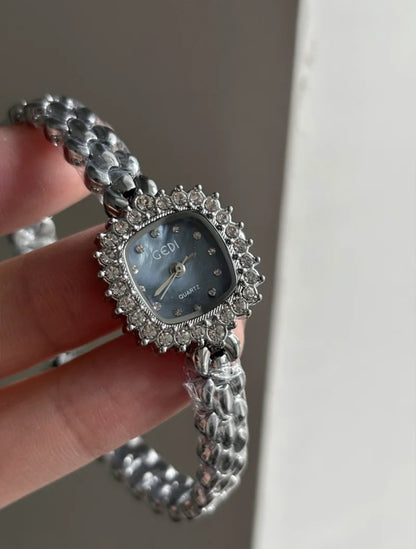 Silver-Blue Square Dial Steel Strap Women's Watch