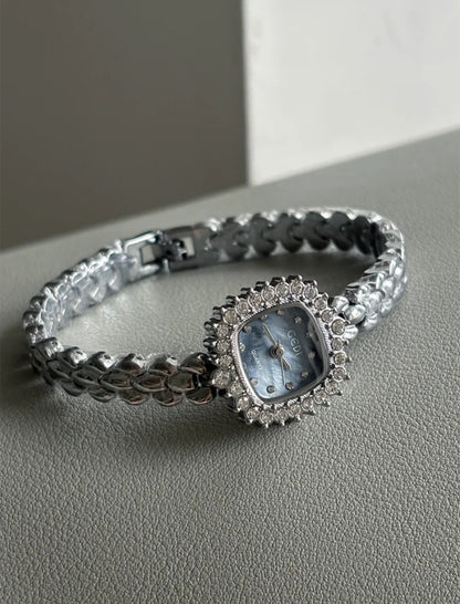 Silver-Blue Square Dial Steel Strap Women's Watch