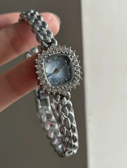 Silver-Blue Square Dial Steel Strap Women's Watch