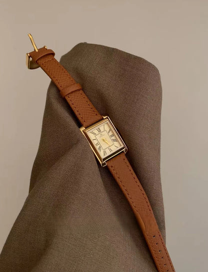 Classic Gold Square Face Black Leather Wristwatch