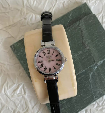 Minimalist Round Roman Numeral Dial Brown Leather Watch