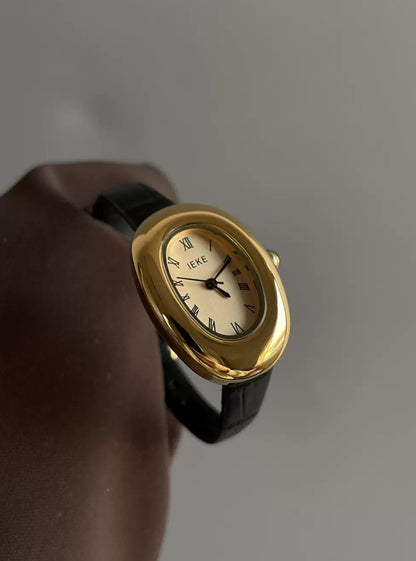Vintage-Inspired Gold Oval Leather Watch for Women