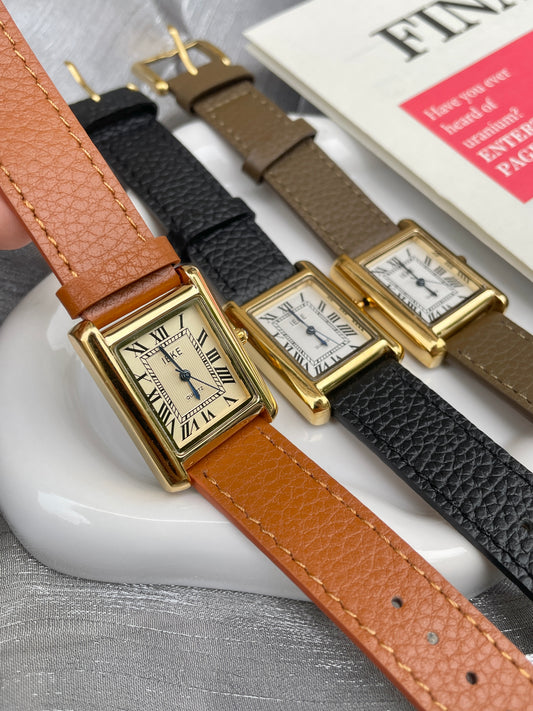 Classic Gold Square Face Black Leather Wristwatch